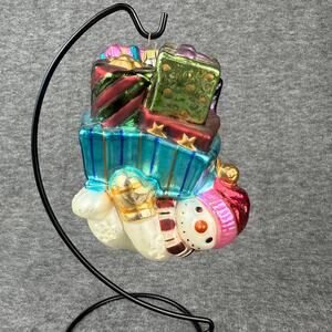 Vintage Fitz & Floyd Frosty Family Snowman w/ Packages Ornament Blown Glass 90s